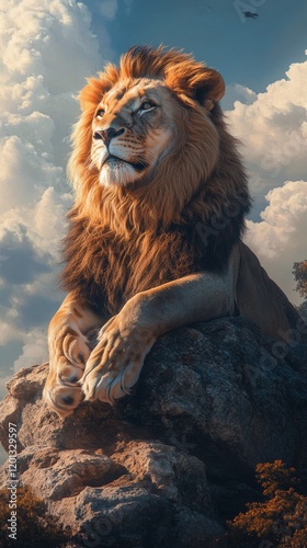 Majestic lion resting on a rock under soft lighting in its natural habitat