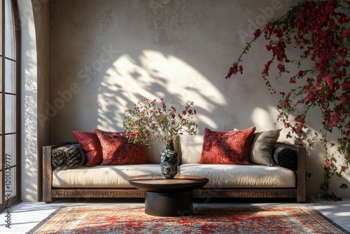 Cozy living room with floral arrangement on coffee table in vintage style