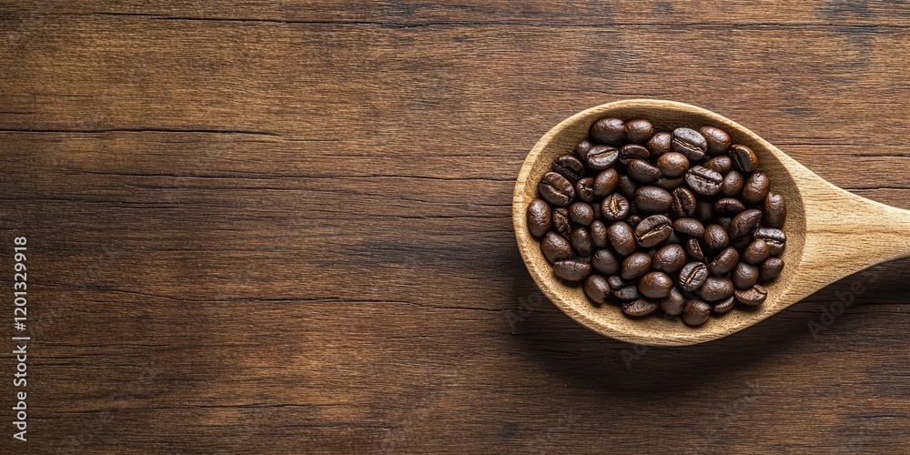 Top view of roasted coffee beans in a wooden spoon on a brown wooden surface featuring rich brown tones and ample negative space on the right Top view of roasted coffee beans in a wooden spoon on a brown wooden surface featuring rich brown tones and ample negative space on the right