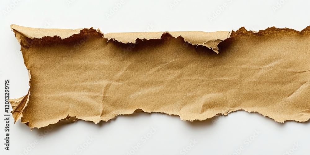 Torn brown paper fragment with irregular edges centrally positioned against a clean white background capturing a vintage and textured aesthetic. Torn brown paper fragment with irregular edges centrally positioned against a clean white background capturing a vintage and textured aesthetic.
