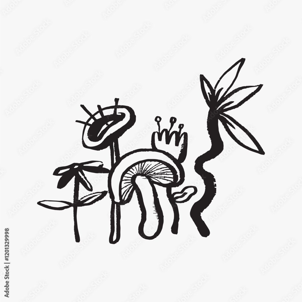 Mushroom and plant doodle, illustration vector Mushroom and plant doodle, illustration vector