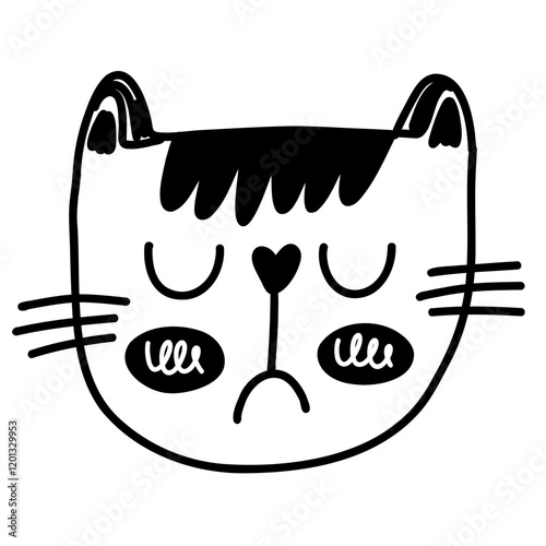 cute cat shy sad cry expression silly doodle hand drawn illustration outline black white drawing kids sketch icon