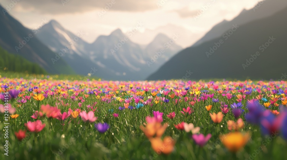 Vibrant Wildflower Field with Majestic Mountains in the Background Vibrant Wildflower Field with Majestic Mountains in the Background
