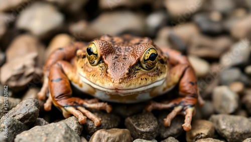 Macro photograph, green-eyed frog, pebble background, detailed texture, vibrant colors, shallow depth of field, nature photography, amphibian close-up, wildlife portrait, bokeh effect, earthy tones, s photo