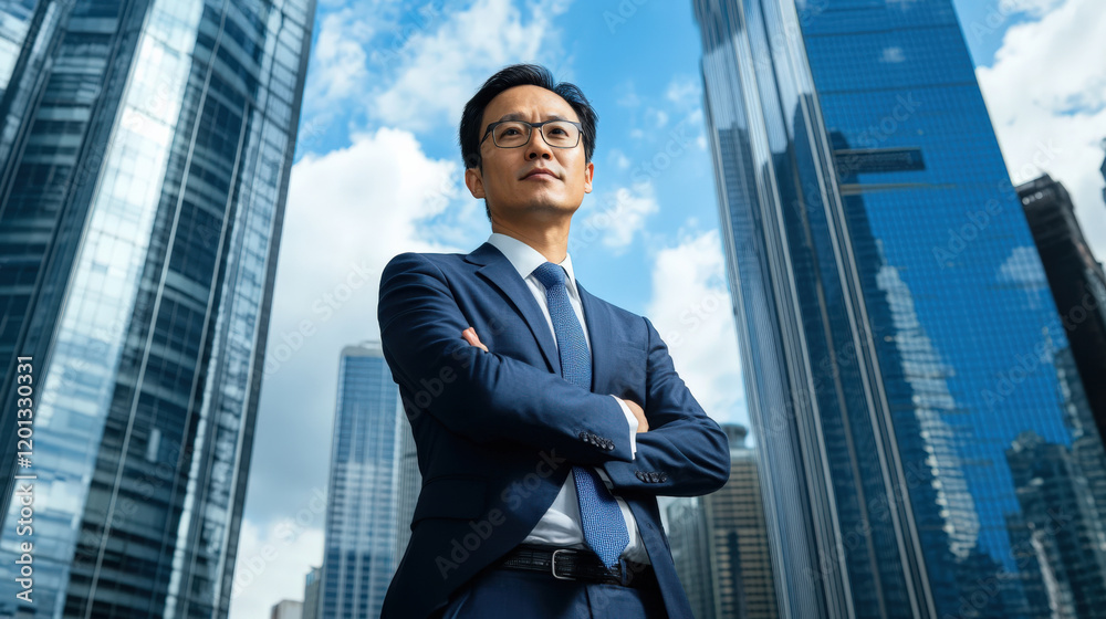 Fototapeta premium A high-ranking bank executive standing in front of a modern skyscraper, looking confident and professional with the city skyline behind them