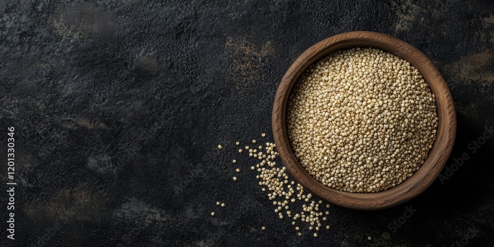 Close-up of dry organic quinoa seeds in a round wooden bowl on a dark textured background with ample space for text on the right side Close-up of dry organic quinoa seeds in a round wooden bowl on a dark textured background with ample space for text on the right side