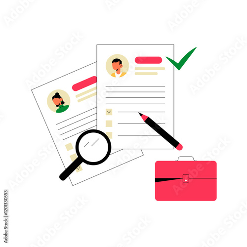 Magnifying Glass Over Job Resumes With A Pen And Red Briefcase In Flat Vector Illustration Symbolizing Recruitment, Job Search, And Human Resources, Isolated On White Background