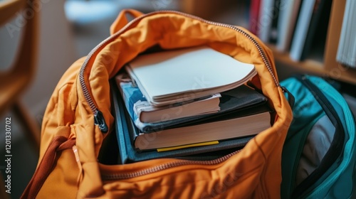 Orange backpack with books and notebooks ready for school or university studies