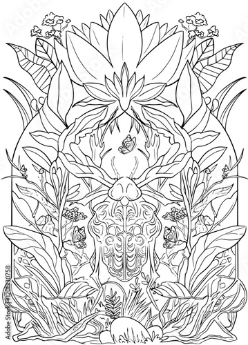 scarab beetle illustration, symmetrical foliage and flower. black and white, coloring page