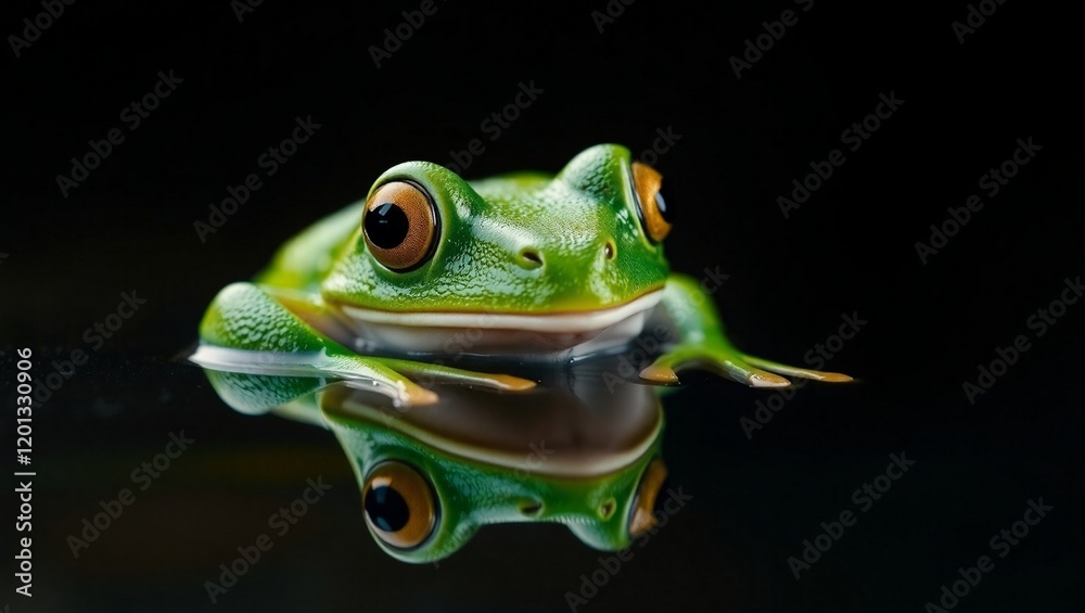 Vibrant green tree frog, close-up portrait, reflective surface, dark background, high contrast, glossy skin, bulging eyes, hyper-realistic, studio lighting, macro photography, nature wildlife, amphibi Vibrant green tree frog, close-up portrait, reflective surface, dark background, high contrast, glossy skin, bulging eyes, hyper-realistic, studio lighting, macro photography, nature wildlife, amphibi