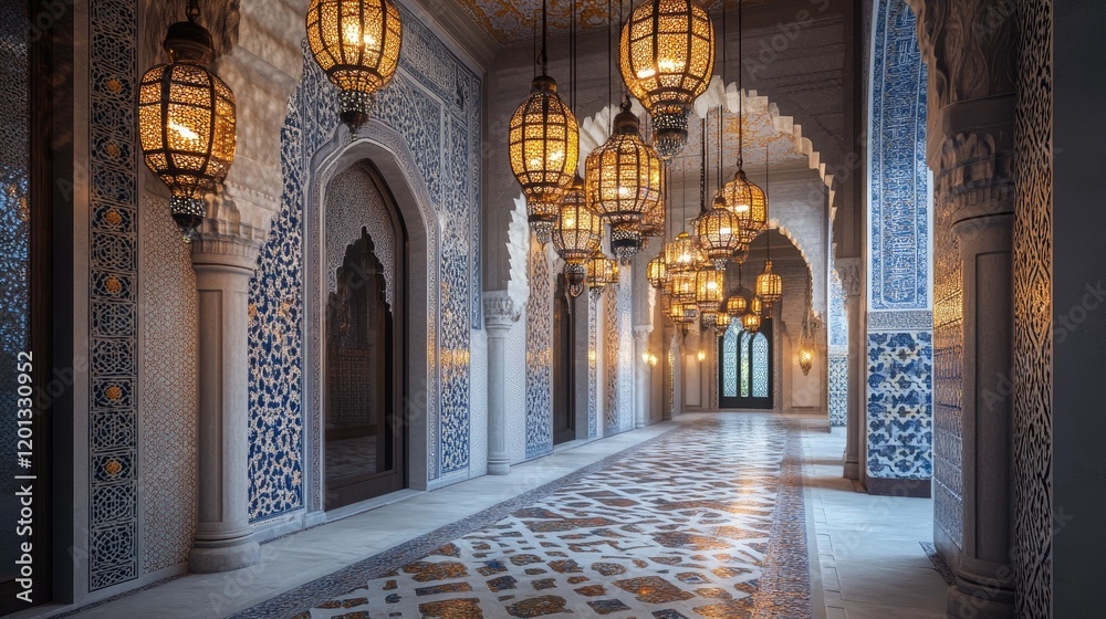 Fototapeta premium Elegant hallway with ornate lanterns and mosaic tile floor