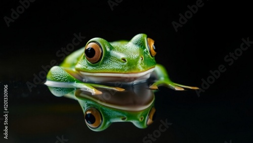 Vibrant green tree frog, close-up portrait, reflective surface, dark background, high contrast, glossy skin, bulging eyes, hyper-realistic, studio lighting, macro photography, nature wildlife, amphibi photo