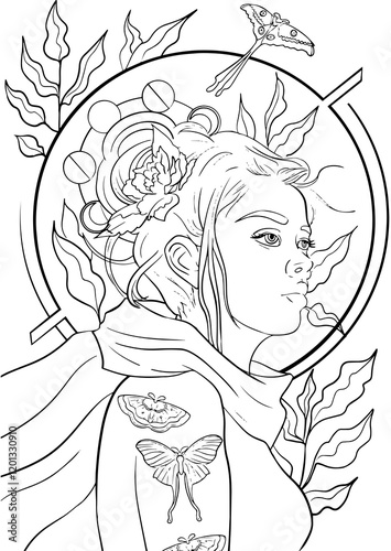 Portrait of a woman with flowing hair, butterflies and floral elements. Surrounded by lunar phases and nature-inspired patterns, mystical and tranquil atmosphere.