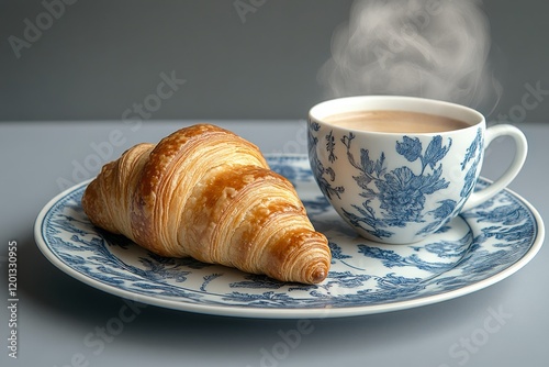 Freshly baked croissant and steaming coffee on a blue floral plate in a cozy ...