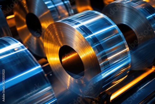 Shiny metal coil in industrial setting with reflections on steel surface