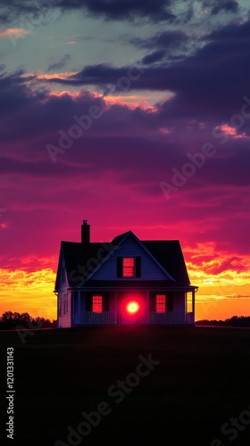 Vibrant sunset behind a quaint house in a serene landscape with colorful clouds
