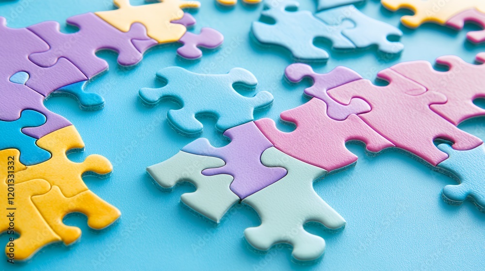 Colorful Puzzle Pieces on Blue Background: A Close-Up View Colorful Puzzle Pieces on Blue Background: A Close-Up View