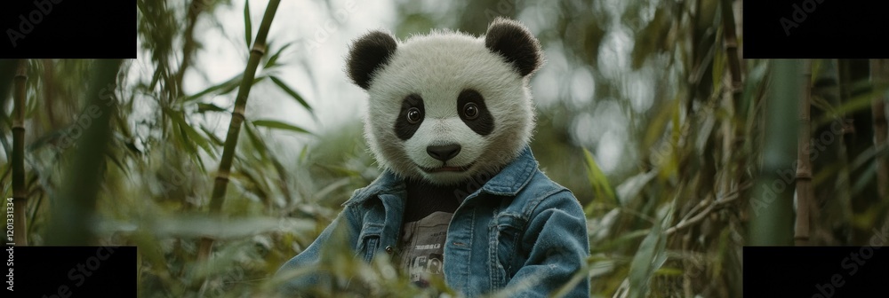 A panda wearing a denim jacket sits calmly amid green bamboo plants in a serene natural setting. Generative AI A panda wearing a denim jacket sits calmly amid green bamboo plants in a serene natural setting. Generative AI