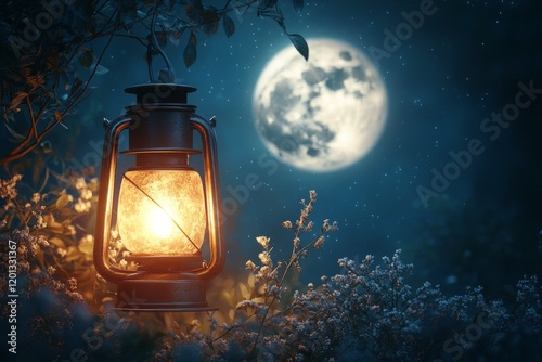 Lantern illuminates a pathway under a bright moon in a serene night landscape
