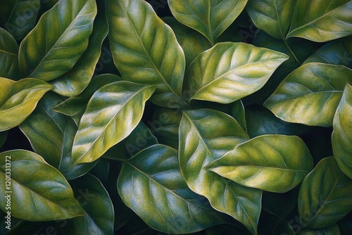 Green leaves layered on a textured surface showcasing natural patterns and co...