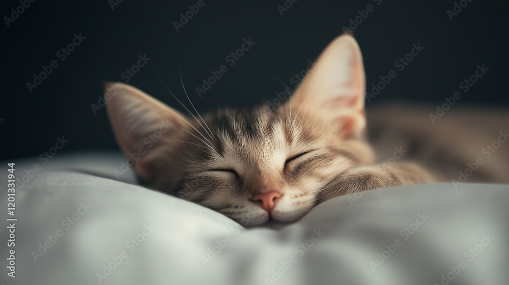 Cute gray tabby kitten sleeping peacefully on soft white pillow in cozy indoor space during early morning light. Generative AI Cute gray tabby kitten sleeping peacefully on soft white pillow in cozy indoor space during early morning light. Generative AI