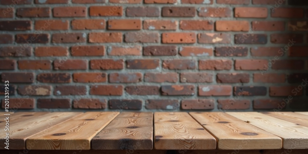 Fototapeta premium Rustic Wooden Tabletop Against a Blurred Brick Wall Background, Perfect for Product Displays and Mockups