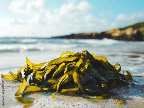Kelp seaweed on the beach representing a wellness trend and marine superfood