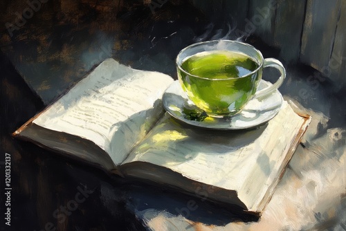 Warm cup of green tea alongside an open book on a rustic table
