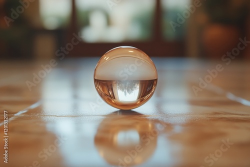 Reflection of warm sunlight captured in a clear glass orb on a wet surface du...