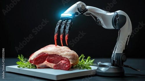 Robotic arm preparing raw meat on a cutting board.