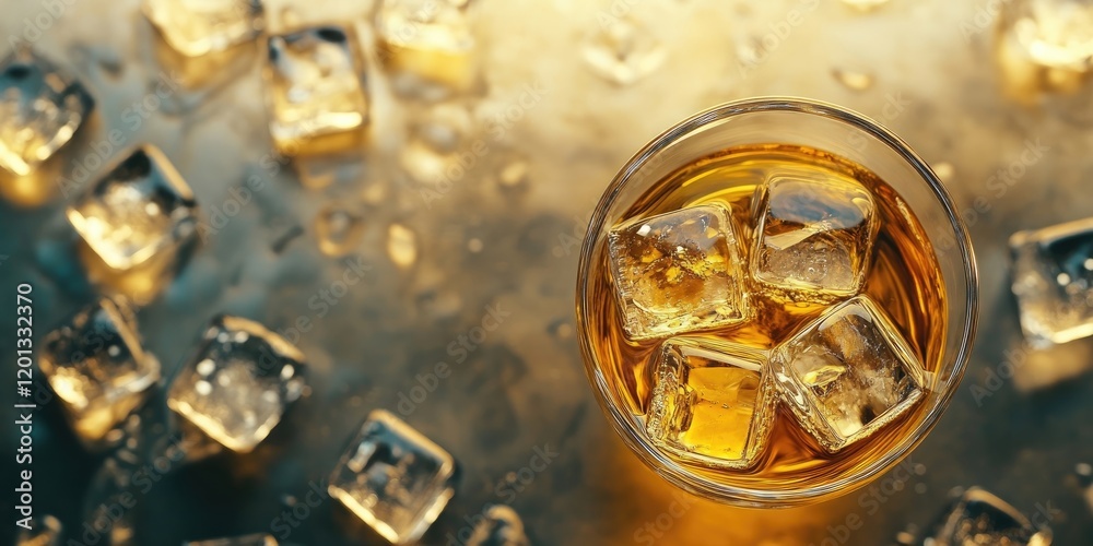 Golden whiskey in a clear glass with ice cubes, overhead view on a reflective table, surrounded by scattered ice cubes and space for text.