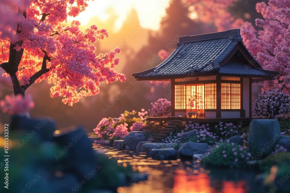 Obraz premium Tranquil japanese tea house at sunset with cherry blossoms by a serene stream