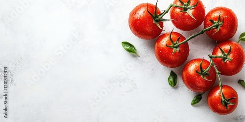 Fresh ripe tomatoes with green leaves arranged on a light textured surface, top view, vertical orientation with ample space for text. photo