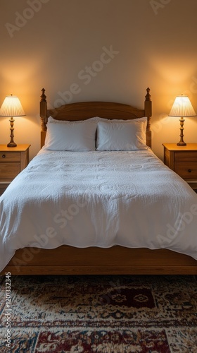 Modern bedroom with warm lighting featuring a cozy bed and soft decor for rel...