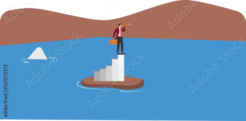 Risk management for investment or stock trading, crypto currency or economic, market volatility or uncertainty challenge, investment strategy concept, businessman with telescope on risky graph