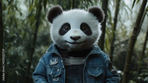 Panda character in denim jacket stands in lush bamboo forest during daylight. Generative AI