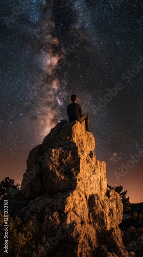 Observing the night sky from a rocky outcrop under a star-filled atmosphere
