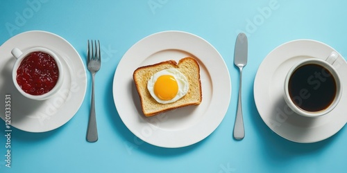 Breakfast table setting featuring fresh eggs, jam, coffee, and toast on white plates with cutlery against a vibrant blue background. photo