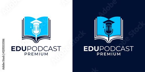 Podcast education logo design vector template. Podcast logo icon symbol with book, microphone, graduation hat illustration vector graphic. Microphone voice academy logo design.