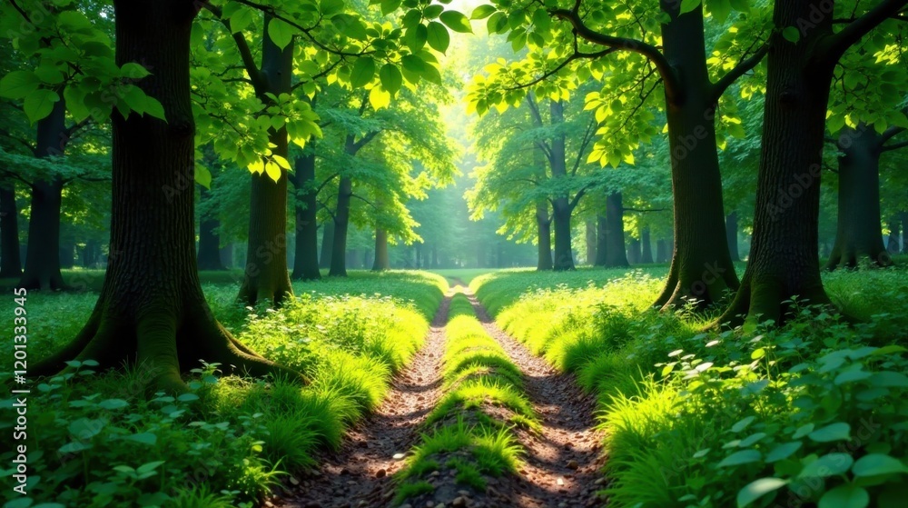Fototapeta premium Sunlit Path Through a Verdant Forest of Majestic Trees, a Serene and Peaceful Nature Scene