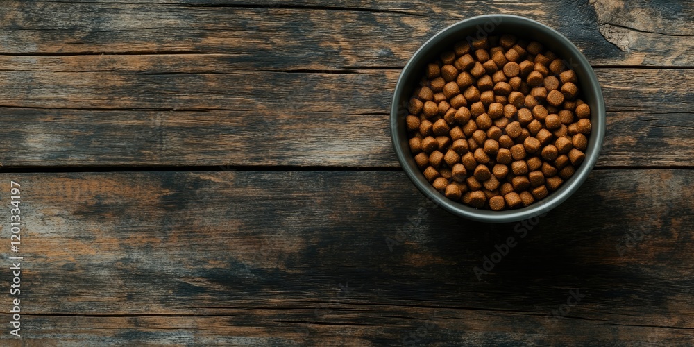 Bowl of dry dog food in a gray bowl centered on a rustic wooden background with dark and light wood tones ideal for pet food advertising. Bowl of dry dog food in a gray bowl centered on a rustic wooden background with dark and light wood tones ideal for pet food advertising.