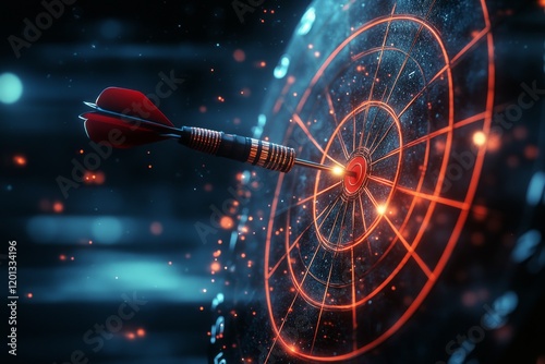 Dart strikes center of target creating bright explosion of light in dark setting