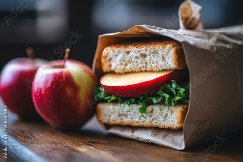 Fresh sandwich and apple in a brown paper bag on a wooden table for a healthy...
