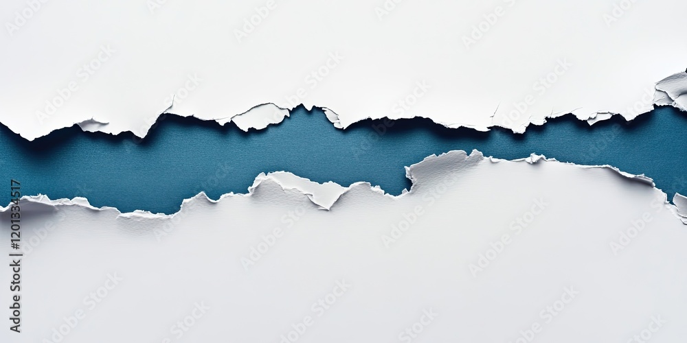 Torn white paper on top revealing a solid blue background with uneven edges positioned centrally creating a clear copy space for text insertion Torn white paper on top revealing a solid blue background with uneven edges positioned centrally creating a clear copy space for text insertion