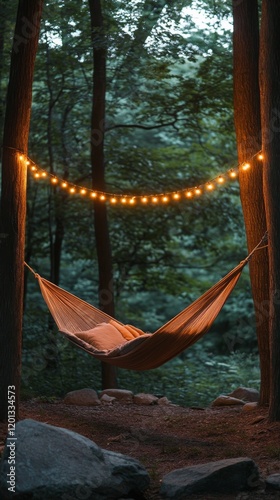Cozy hammock under string lights in a serene garden at night