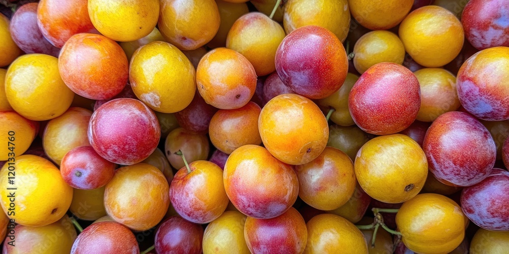 Vibrant pile of mirabelle plums in shades of yellow orange and red arranged closely with a few green stems visible throughout Vibrant pile of mirabelle plums in shades of yellow orange and red arranged closely with a few green stems visible throughout