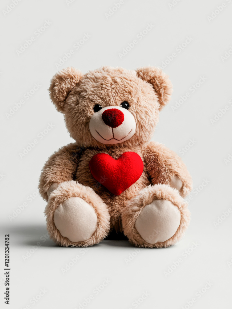 Obraz premium A teddy bear toy with a red heart-shaped cushion as a gift for Valentines day or love.