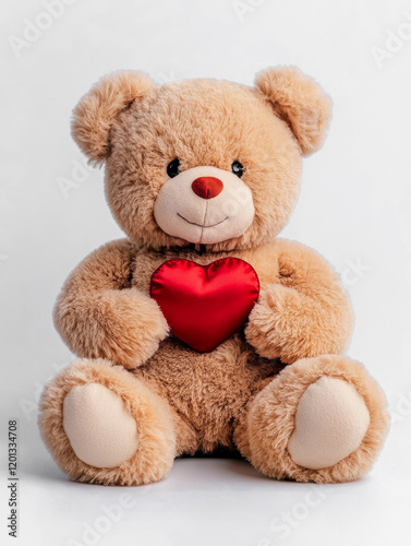 A teddy bear toy with a red heart-shaped cushion as a gift for Valentines day or love.