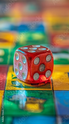Bright orange dice on colorful game board with vibrant reflections and shiny ...
