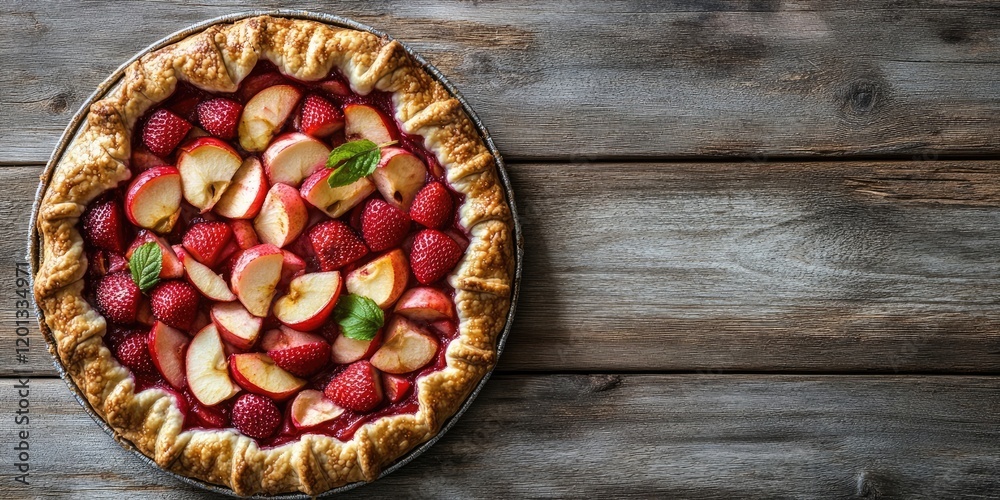 Rustic apple strawberry pie in a silver pan on weathered wood background with vibrant red strawberries and green mint leaves, ample copy space. Rustic apple strawberry pie in a silver pan on weathered wood background with vibrant red strawberries and green mint leaves, ample copy space.